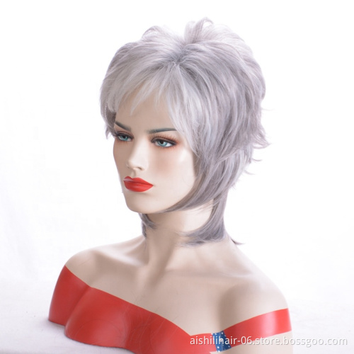 Synthetic hair silver gray color lolita wig short natural wave and kinky curly synthetic hair wigs for women